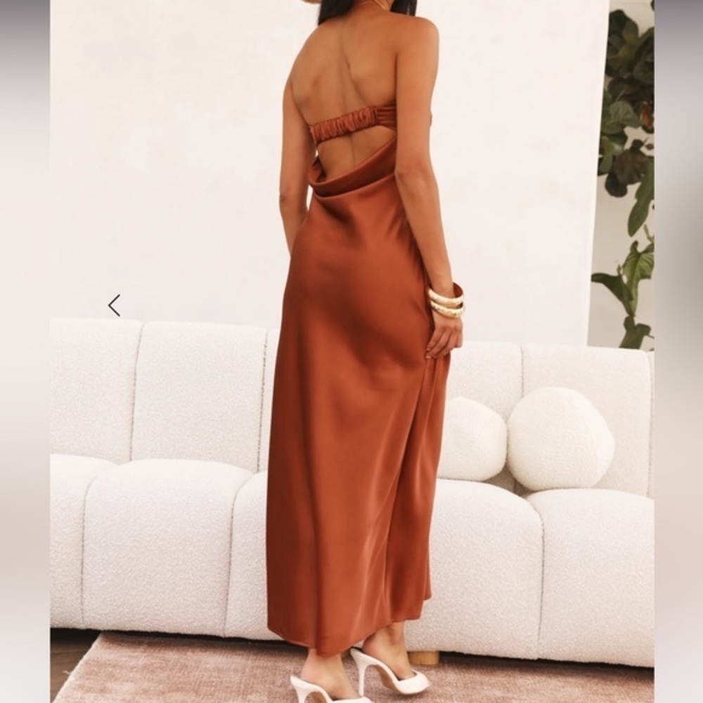 Hello Molly Open Back Maxi Dress Orange Satin Strapless